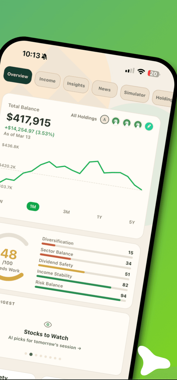 Portfolio overview — total balance, charts, and health scores